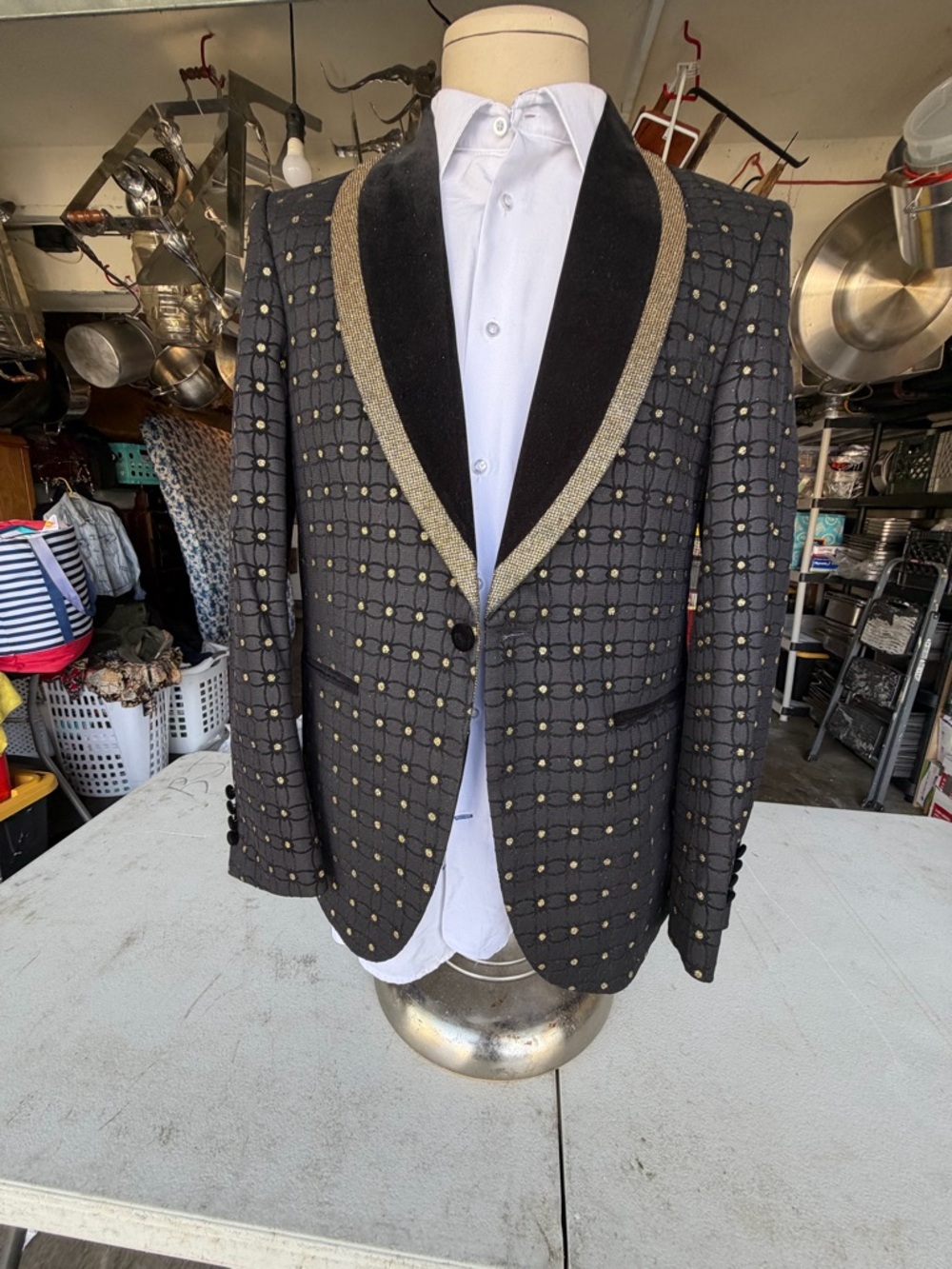 Men's Black Patterned Blazer with Gold Trim